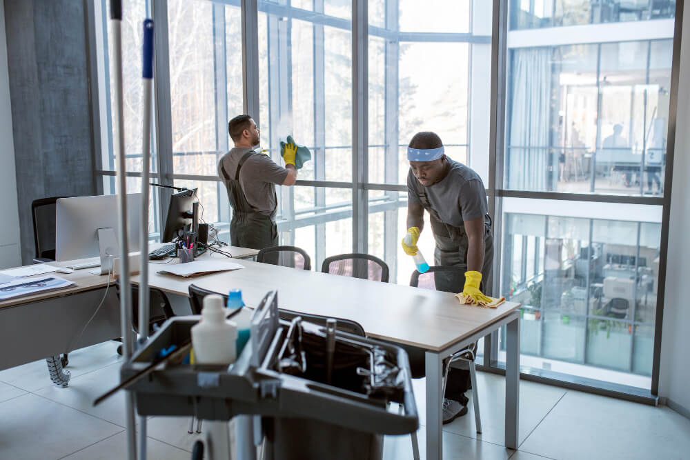 professional cleaners cleaning an office