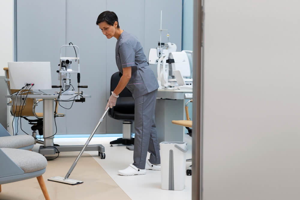 a professional cleaner cleaning an eye clinic